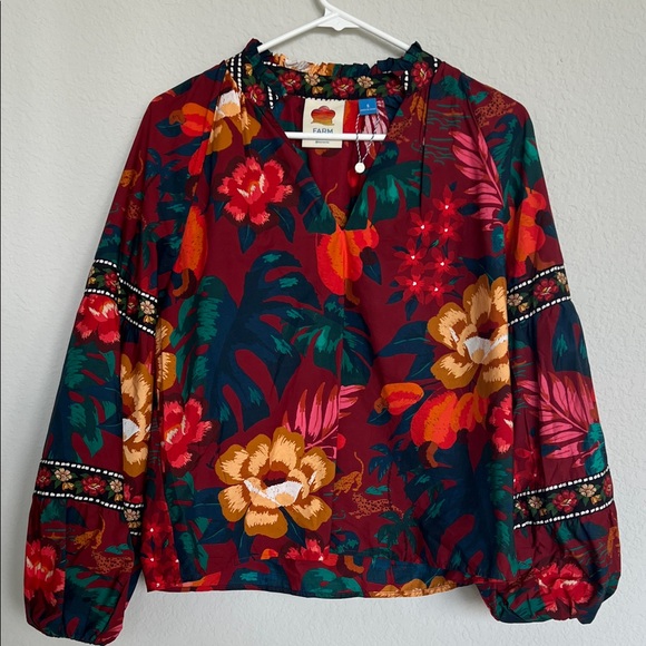 FARM Rio Dark Red Long Puff Sleeve Tropical Floral Blouse - Picture 1 of 4